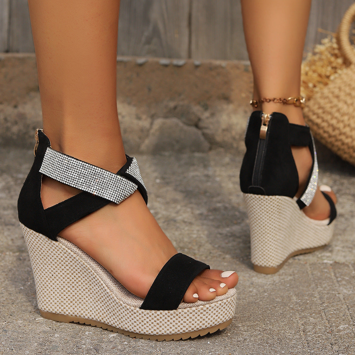 High Wedges Sandals With Rhinestone Design
