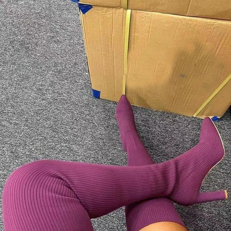 Over Knee Long Pointed Toe High Heel Stretch Knitting Women Winter Boots