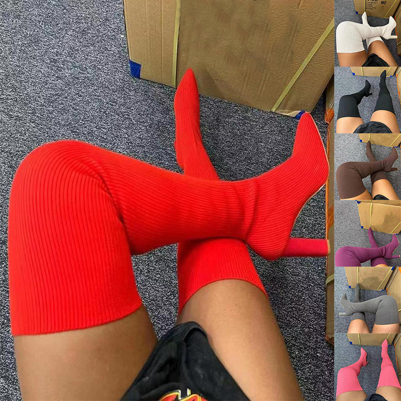 Over Knee Long Pointed Toe High Heel Stretch Knitting Women Winter Boots