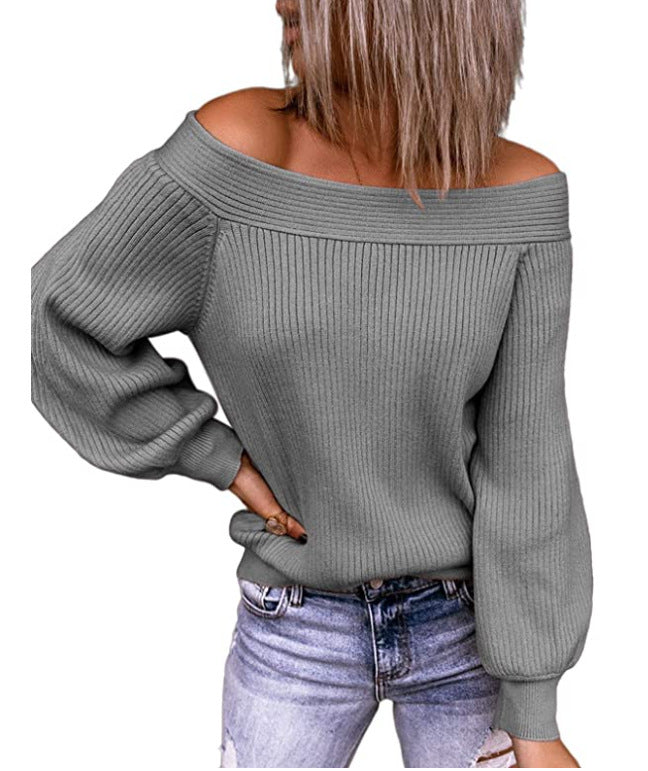 Plus-Size Off-Shoulder Loose-Knit One-Neck Pullover Sweater (Solid Color)