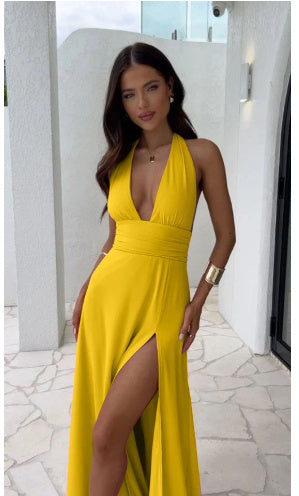 Halterneck V-neck Slit Summer Backless Strappy Skirt Fashion Temperament Dress