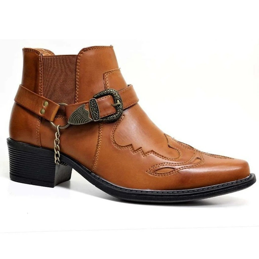 Fashion Belt Buckle Thick Heel Pointed Men's Boots