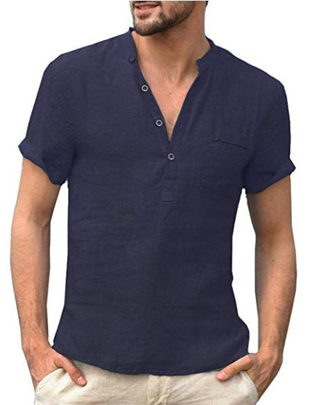 Casual Linen Solid Color Shirt Button V Neck Shirt