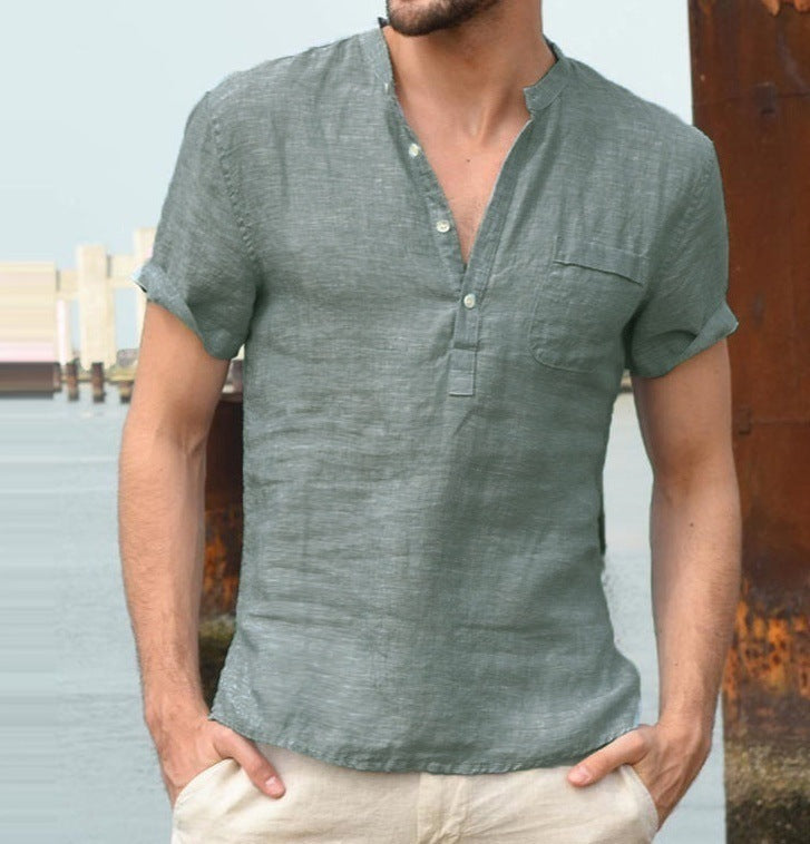 Casual Linen Solid Color Shirt Button V Neck Shirt