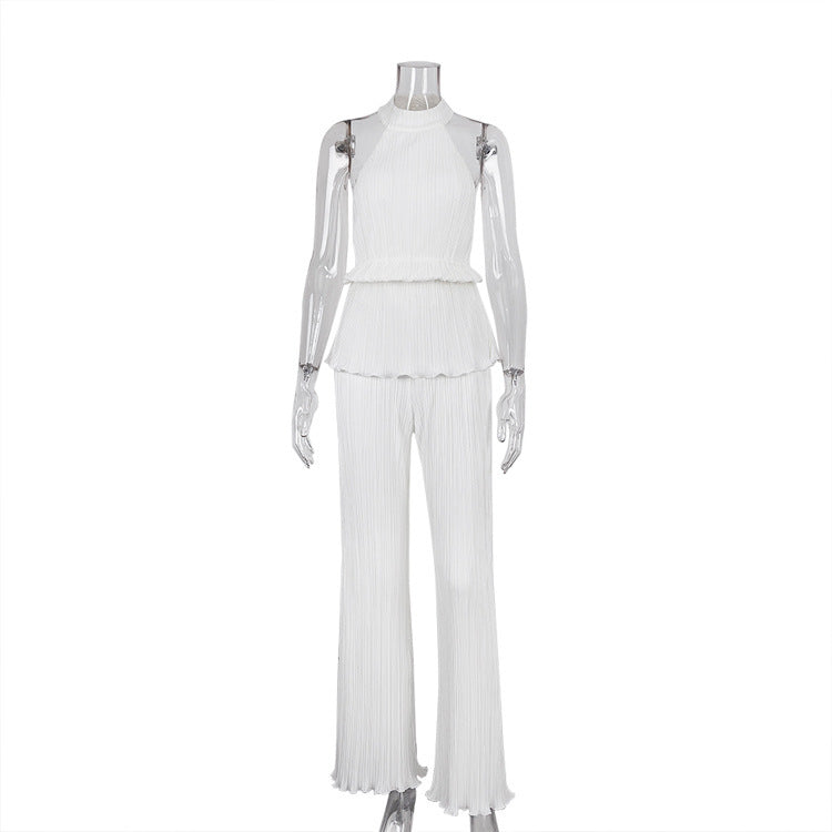 Pleated High Waist Wide Leg Pants Suit
