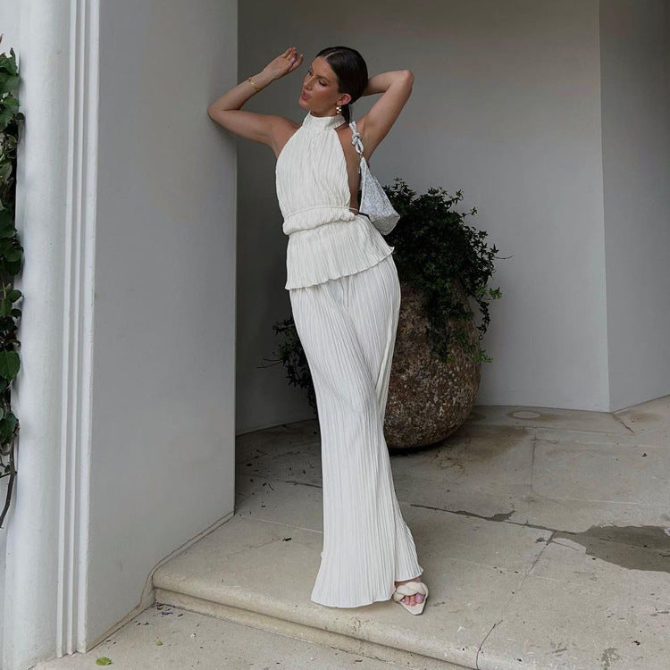 Pleated High Waist Wide Leg Pants Suit