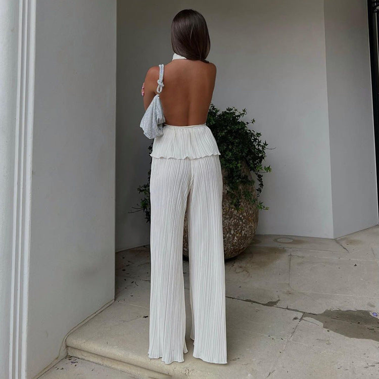 Pleated High Waist Wide Leg Pants Suit