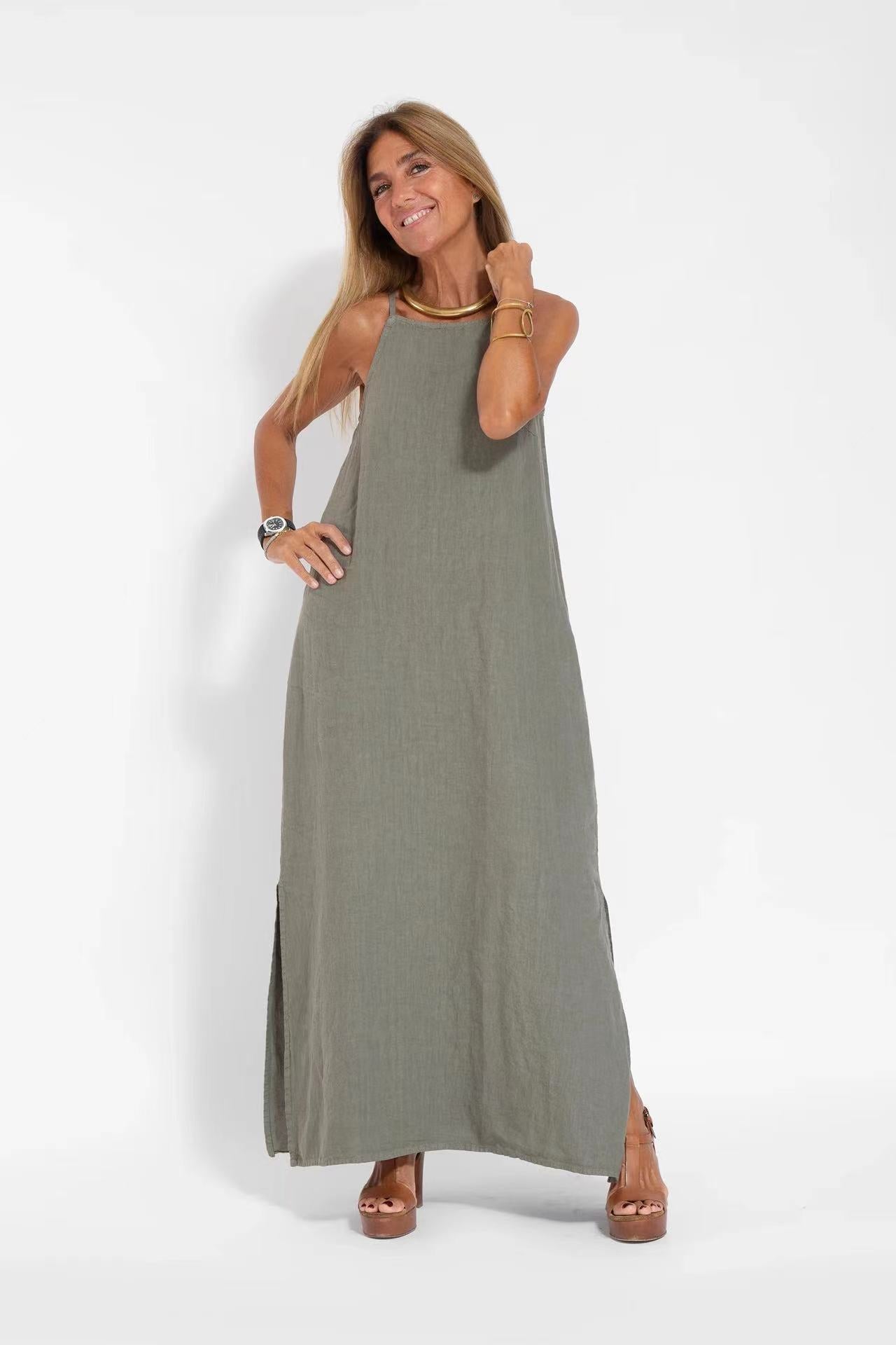 Fashion Cotton Linen Slit Sleeveless Loose Dress