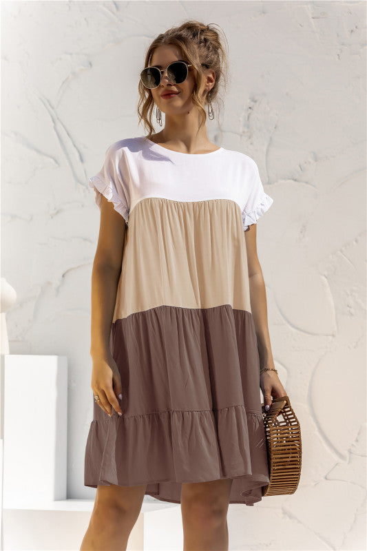 Women's Color Block Loose Short Sleeve Shirt Dress