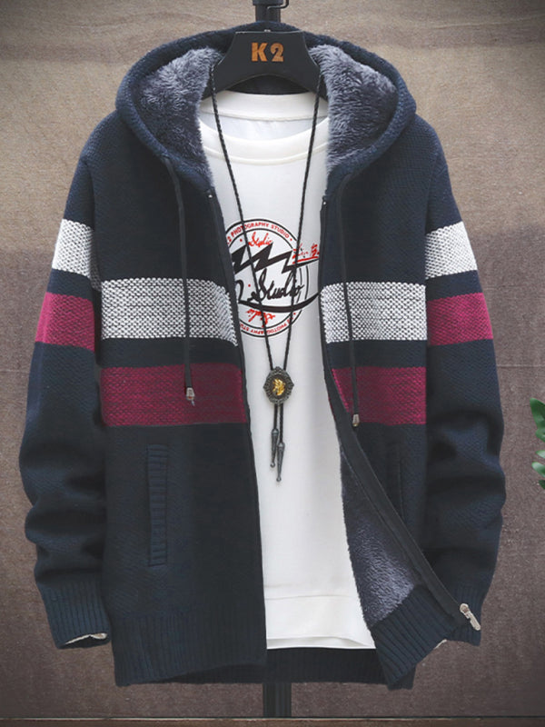 Fleece sweater cardigan Contrast color youth slim fit trendy hooded jacket