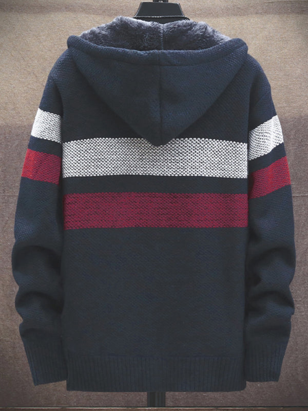 Fleece sweater cardigan Contrast color youth slim fit trendy hooded jacket