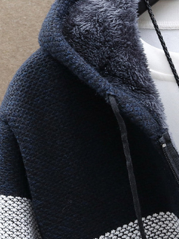 Fleece sweater cardigan Contrast color youth slim fit trendy hooded jacket