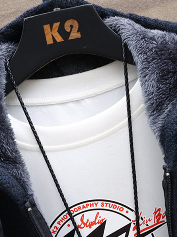 Fleece sweater cardigan Contrast color youth slim fit trendy hooded jacket