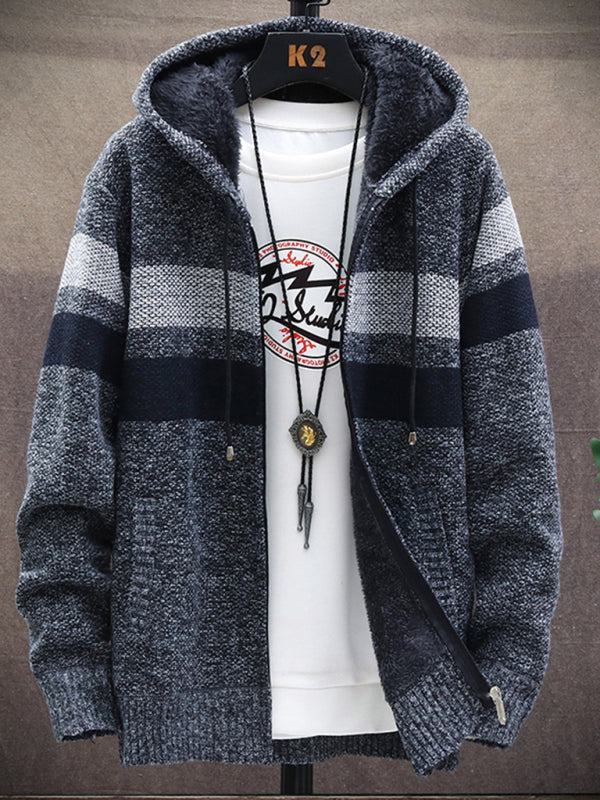 Fleece sweater cardigan Contrast color youth slim fit trendy hooded jacket
