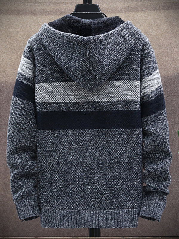 Fleece sweater cardigan Contrast color youth slim fit trendy hooded jacket