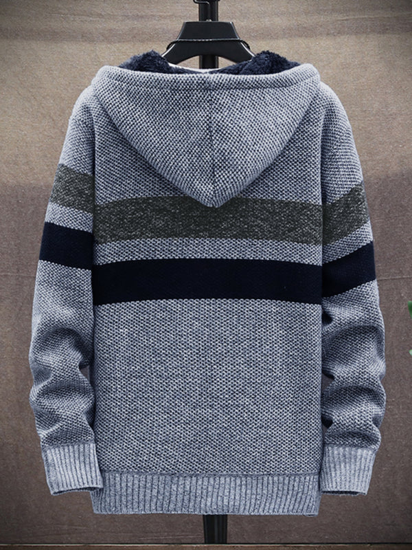 Fleece sweater cardigan Contrast color youth slim fit trendy hooded jacket