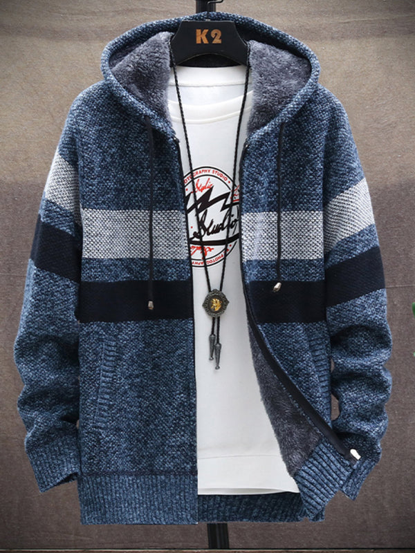 Fleece sweater cardigan Contrast color youth slim fit trendy hooded jacket