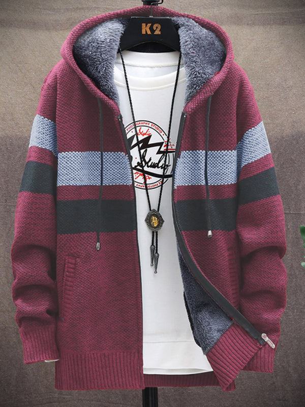 Fleece sweater cardigan Contrast color youth slim fit trendy hooded jacket