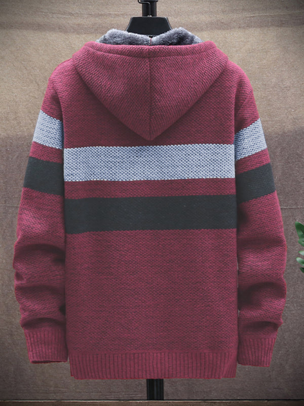 Fleece sweater cardigan Contrast color youth slim fit trendy hooded jacket