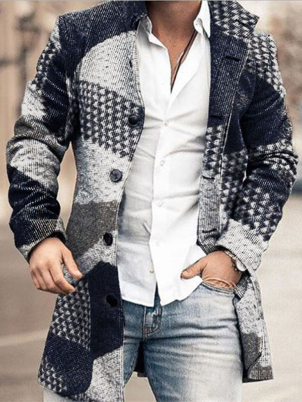 Men's woolen stand collar mid-length pocket casual coat
