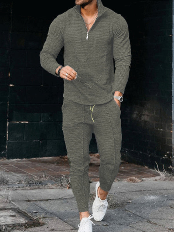 Men's Textured Casual Half Zipper Stand Collar Suit