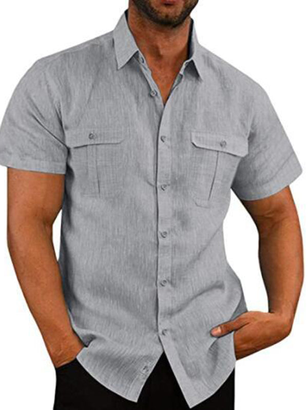 Men's Double Pocket Cotton Linen Short Sleeve Casual Vacation Shirt
