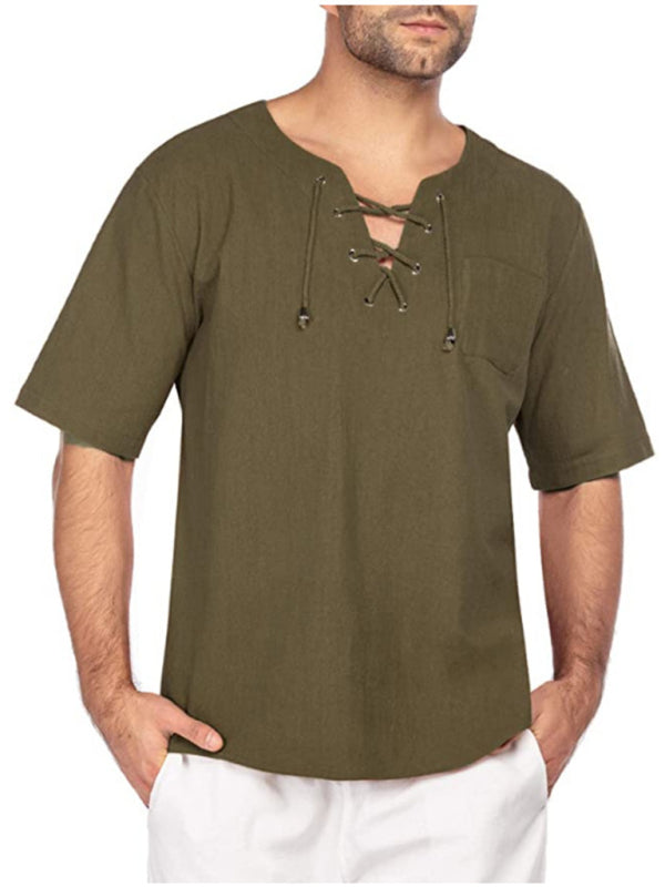 Short Sleeve Cotton Linen Tie Collar Casual Men's T-Shirt