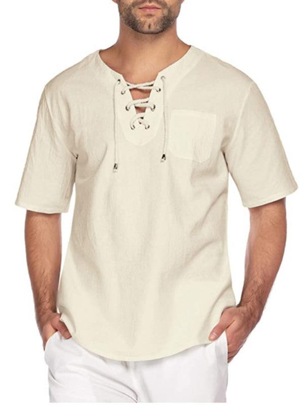 Short Sleeve Cotton Linen Tie Collar Casual Men's T-Shirt