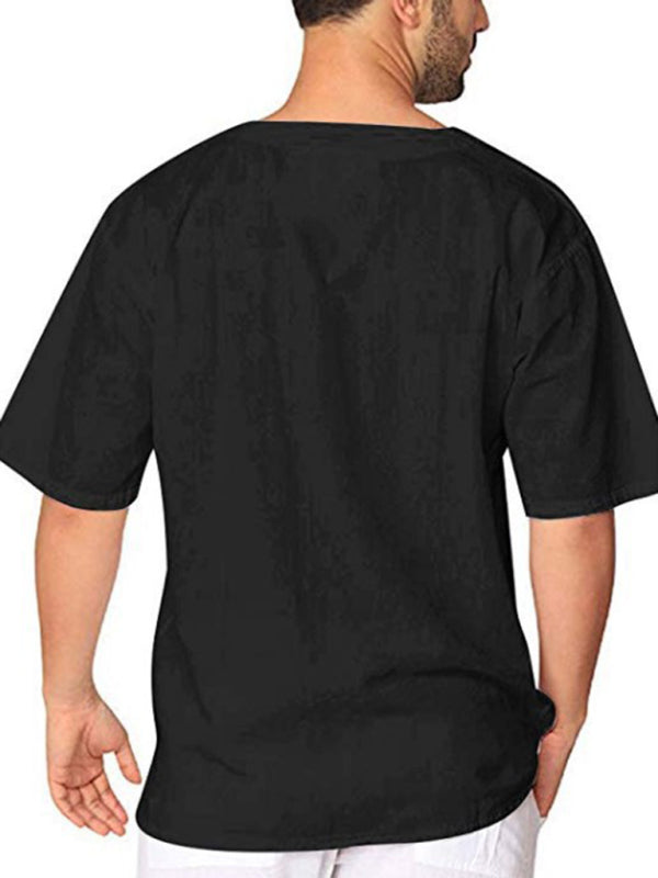 Short Sleeve Cotton Linen Tie Collar Casual Men's T-Shirt