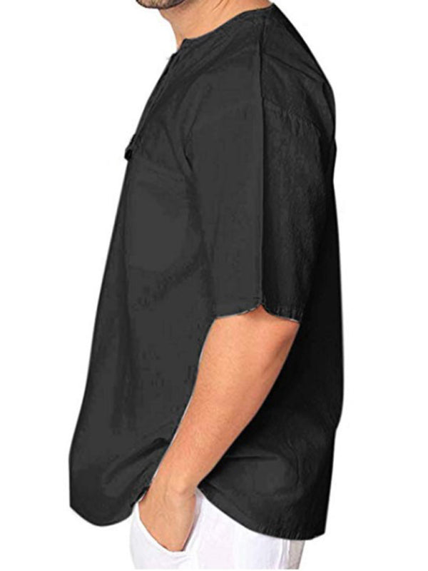 Short Sleeve Cotton Linen Tie Collar Casual Men's T-Shirt