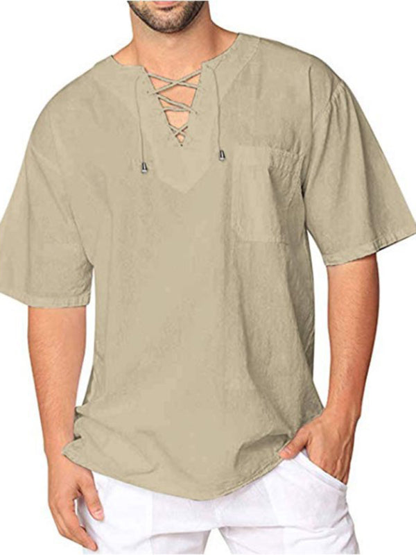 Short Sleeve Cotton Linen Tie Collar Casual Men's T-Shirt