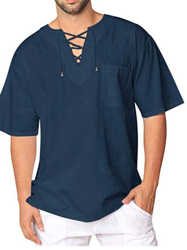 Short Sleeve Cotton Linen Tie Collar Casual Men's T-Shirt