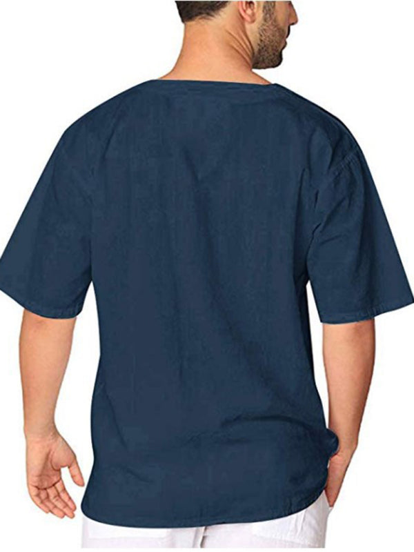 Short Sleeve Cotton Linen Tie Collar Casual Men's T-Shirt