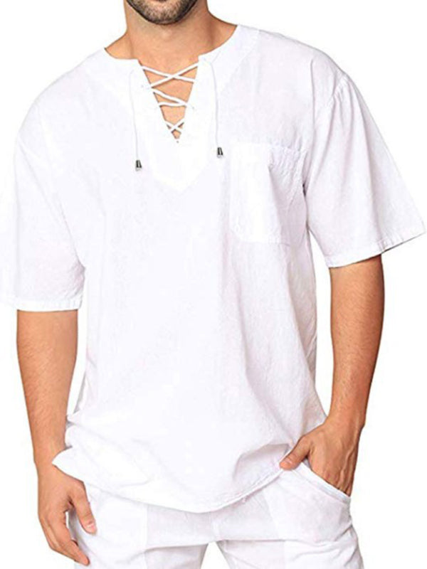 Short Sleeve Cotton Linen Tie Collar Casual Men's T-Shirt