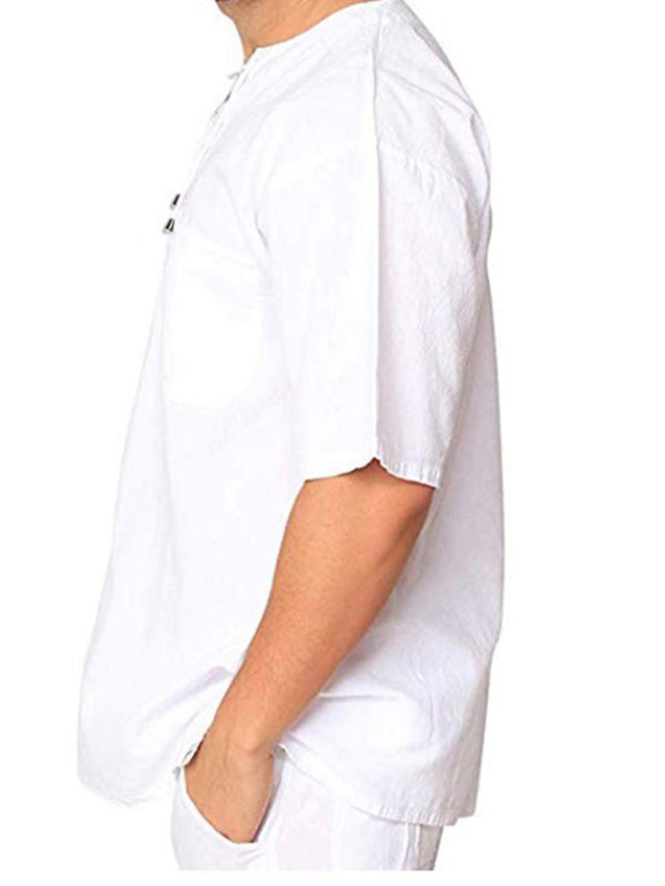Short Sleeve Cotton Linen Tie Collar Casual Men's T-Shirt