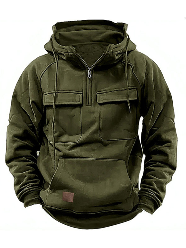 Men's hooded solid color sports multi-pocket sweatshirt jacket