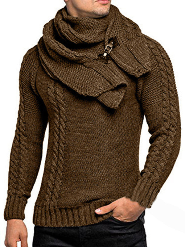 Men's fashionable scarf pullover solid color twist knitted sweater