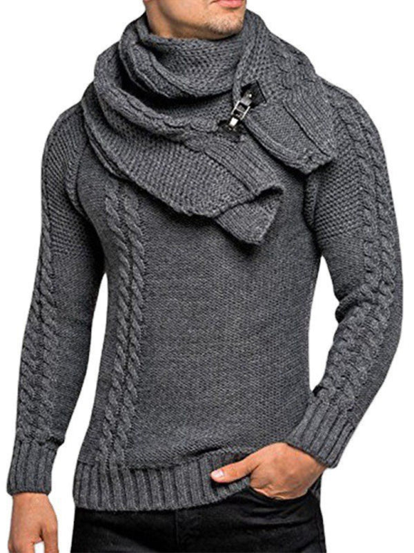 Men's fashionable scarf pullover solid color twist knitted sweater