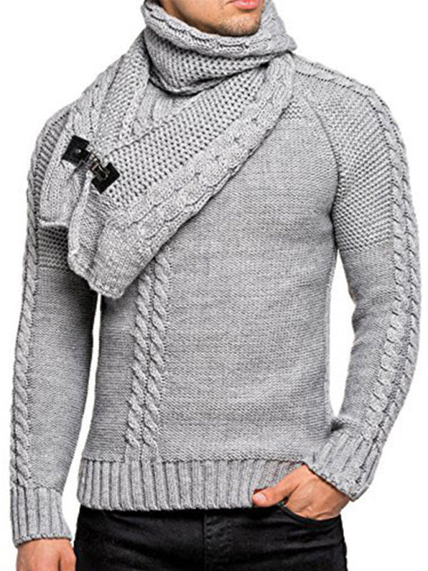 Men's fashionable scarf pullover solid color twist knitted sweater
