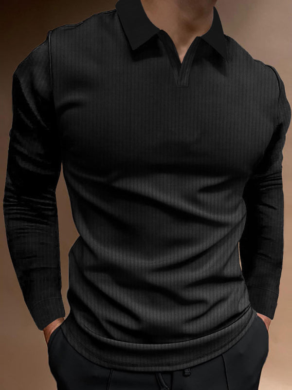 Casual stand-up collar stretch vertical strip long-sleeve V-neck Polo Shirt