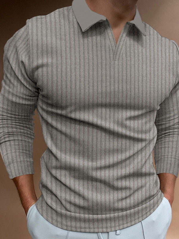Casual stand-up collar stretch vertical strip long-sleeve V-neck Polo Shirt