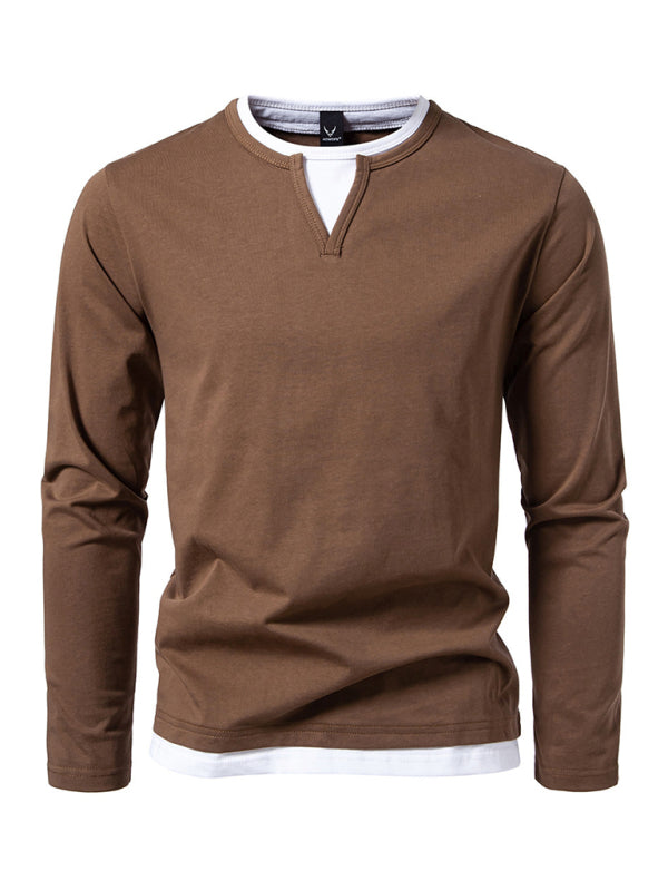 T-shirt Fake two-piece double-layer V-neck stitching bottoming shirt Men's long-sleeved T-shirt