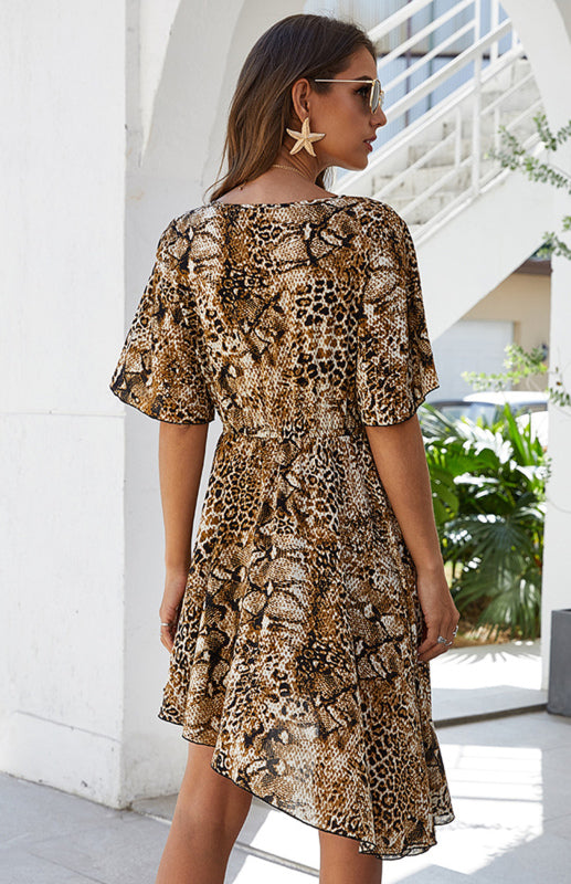 Women's Spring New Irregular Leopard Print V-Neck Skirt Dress