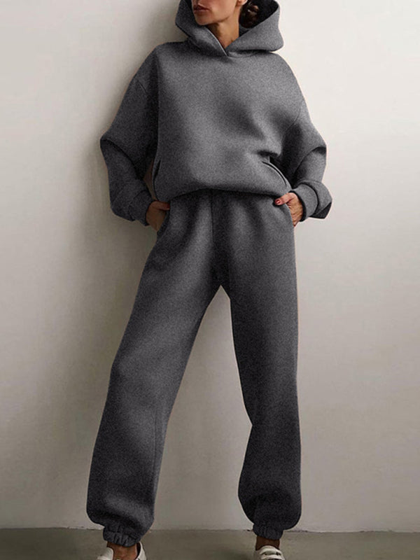 Women's solid color casual fashion thickened long-sleeve hooded tracksuit