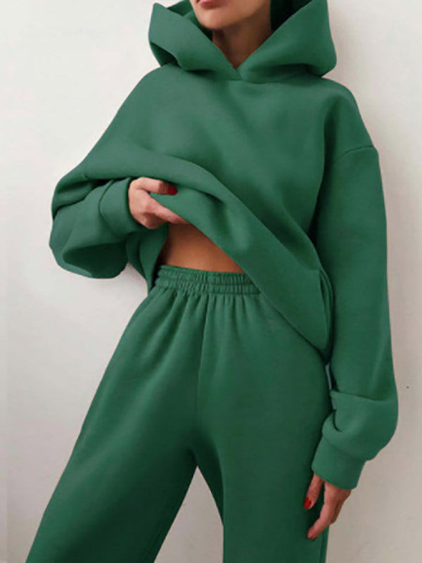 Women's solid color casual fashion thickened long-sleeve hooded tracksuit