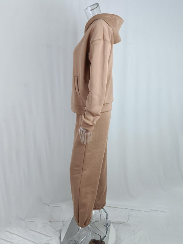 Women's solid color casual fashion thickened long-sleeve hooded tracksuit