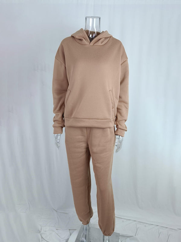 Women's solid color casual fashion thickened long-sleeve hooded tracksuit
