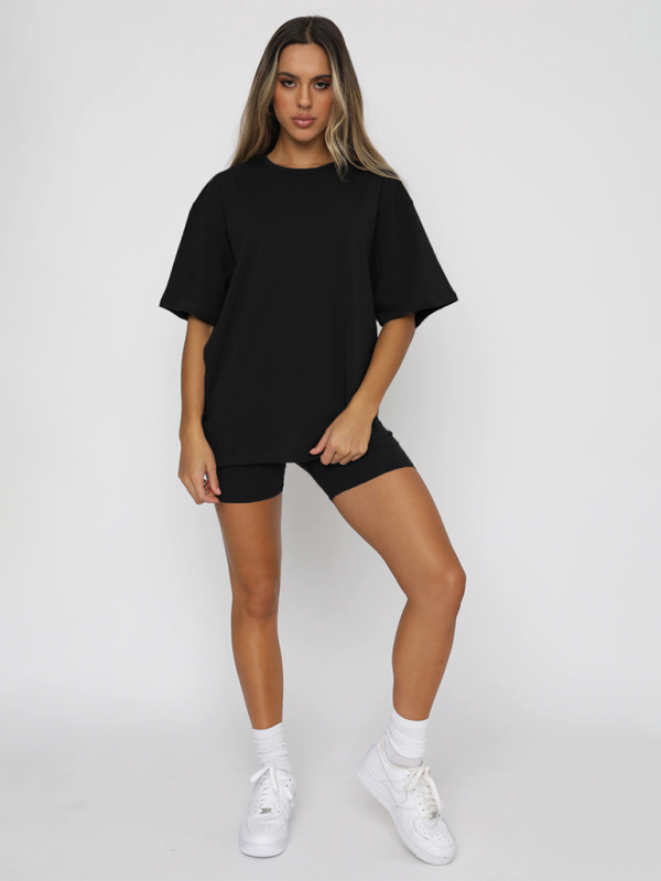 Women's solid color casual short-sleeve shorts two-piece set