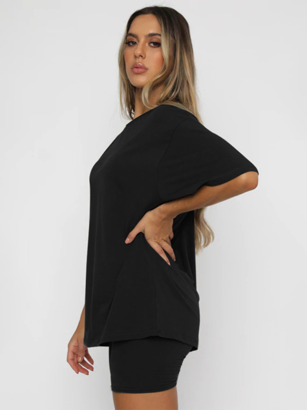 Women's solid color casual short-sleeve shorts two-piece set