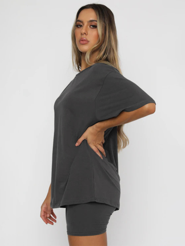 Women's solid color casual short-sleeve shorts two-piece set